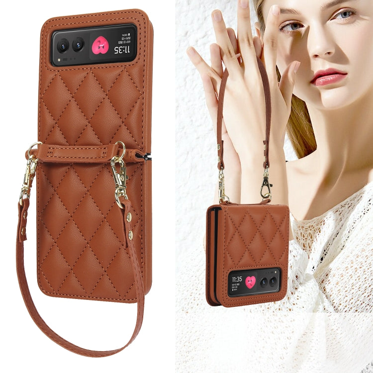 For Motorola Razr 40 Rhombic Texture Phone Case with Long & Short Lanyard(Brown) - Motorola Cases by PMC Jewellery | Online Shopping South Africa | PMC Jewellery | Buy Now Pay Later Mobicred