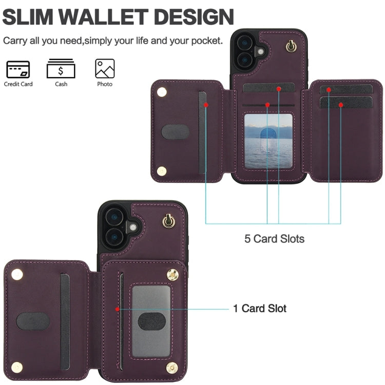 For iPhone 16 YM006 Skin Feel Zipper Card Bag Phone Case with Dual Lanyard(Dark Purple)