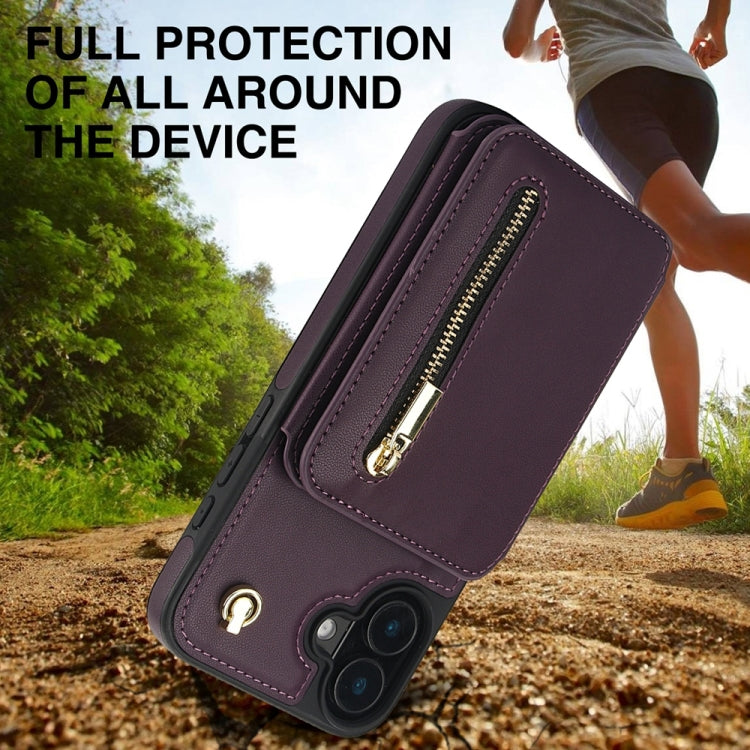 For iPhone 16 YM006 Skin Feel Zipper Card Bag Phone Case with Dual Lanyard(Dark Purple)