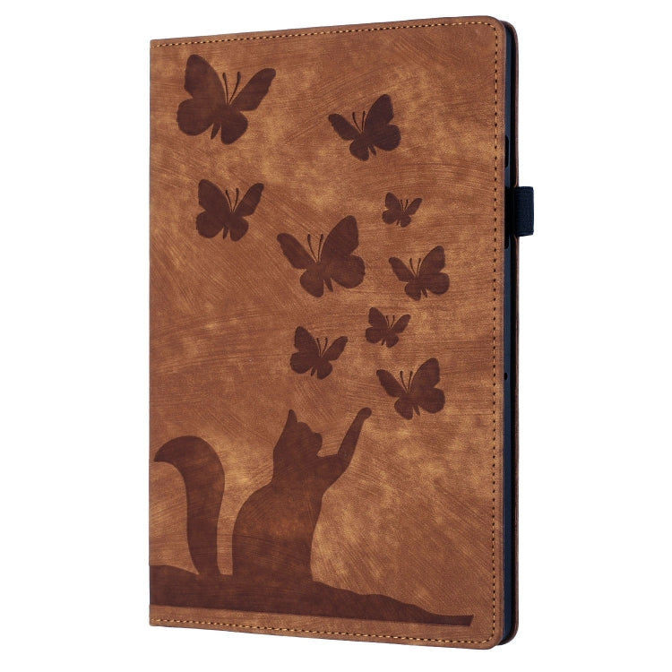 For iPad Pro 13 2024 Butterfly Cat Embossing Leather Tablet Case(Brown)