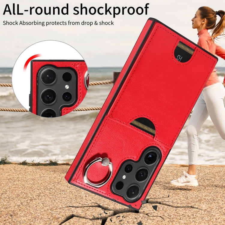 For Samsung Galaxy S24 Ultra 5G Calf Texture Card Slot Ring Holder Phone Case(Red) - Galaxy S24 Ultra 5G Tempered Glass by PMC TechLife | Online Shopping South Africa | PMC TechLife