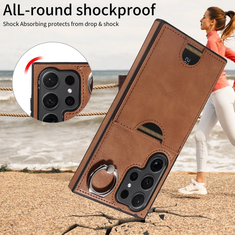 For Samsung Galaxy S24 Ultra 5G Calf Texture Card Slot Ring Holder Phone Case(Brown) - free shipping - PMC TechLife - Order now!
