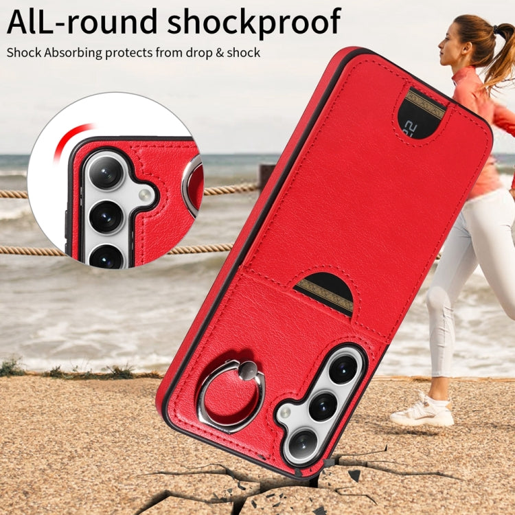 For Samsung Galaxy S24+ 5G Calf Texture Card Slot Ring Holder Phone Case(Red) - Galaxy S24+ 5G Cases by PMC TechLife | Online Shopping South Africa | PMC TechLife