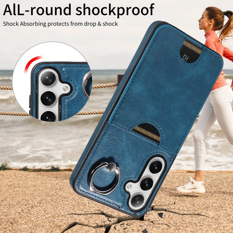 For Samsung Galaxy S24+ 5G Calf Texture Card Slot Ring Holder Phone Case(Blue) - Galaxy S24+ 5G Cases by PMC TechLife | Online Shopping South Africa | PMC TechLife