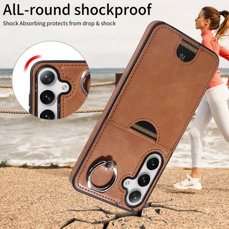 For Samsung Galaxy S24+ 5G Calf Texture Card Slot Ring Holder Phone Case(Brown) - free shipping - PMC TechLife - Order now!