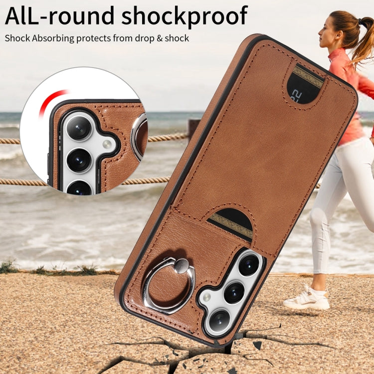 For Samsung Galaxy S24 5G Calf Texture Card Slot Ring Holder Phone Case(Brown) - Galaxy S24 5G Cases by PMC TechLife | Online Shopping South Africa | PMC TechLife