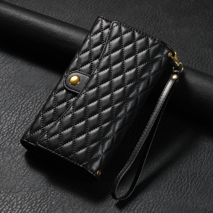 For Samsung Galaxy S24+ 5G Zipper Multi-Card Wallet Rhombic Leather Phone Case(Black)