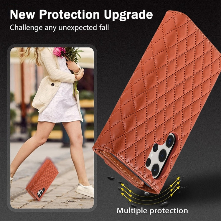 For Samsung Galaxy S23 Ultra 5G Zipper Multi-Card Wallet Rhombic Leather Phone Case(Brown)