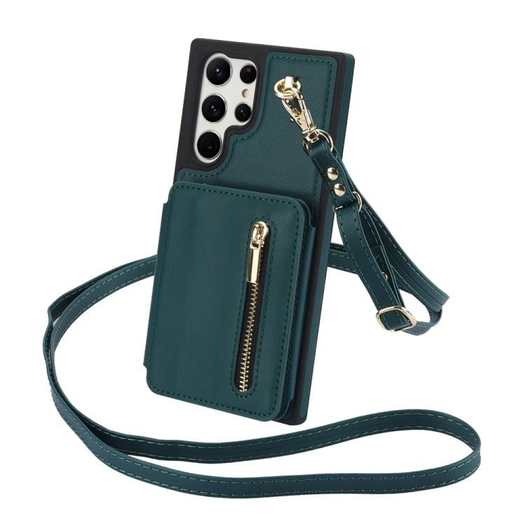 For Samsung Galaxy S24 Ultra 5G YM006 Skin Feel Zipper Card Bag Phone Case with Dual Lanyard(Green)