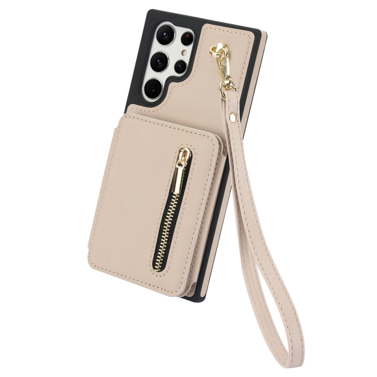 For Samsung Galaxy S24 Ultra 5G YM006 Skin Feel Zipper Card Bag Phone Case with Dual Lanyard(Apricot)