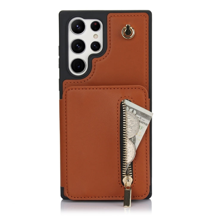 For Samsung Galaxy S24 Ultra 5G YM006 Skin Feel Zipper Card Bag Phone Case with Dual Lanyard(Brown)