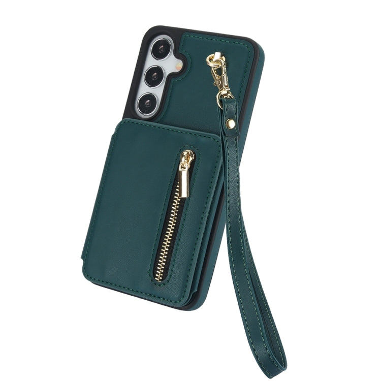 For Samsung Galaxy S24+ 5G YM006 Skin Feel Zipper Card Bag Phone Case with Dual Lanyard(Green)