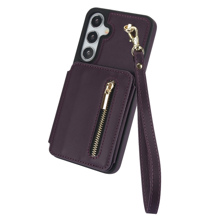For Samsung Galaxy S24+ 5G YM006 Skin Feel Zipper Card Bag Phone Case with Dual Lanyard(Dark Purple)