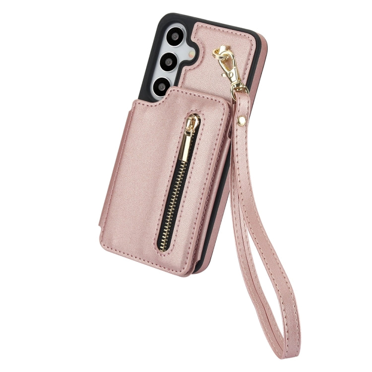 For Samsung Galaxy S24 5G YM006 Skin Feel Zipper Card Bag Phone Case with Dual Lanyard(Rose Gold)