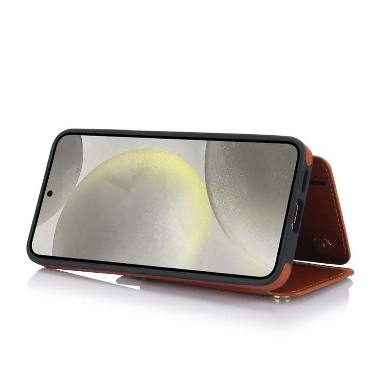 For Samsung Galaxy S24 5G YM006 Skin Feel Zipper Card Bag Phone Case with Dual Lanyard(Brown)