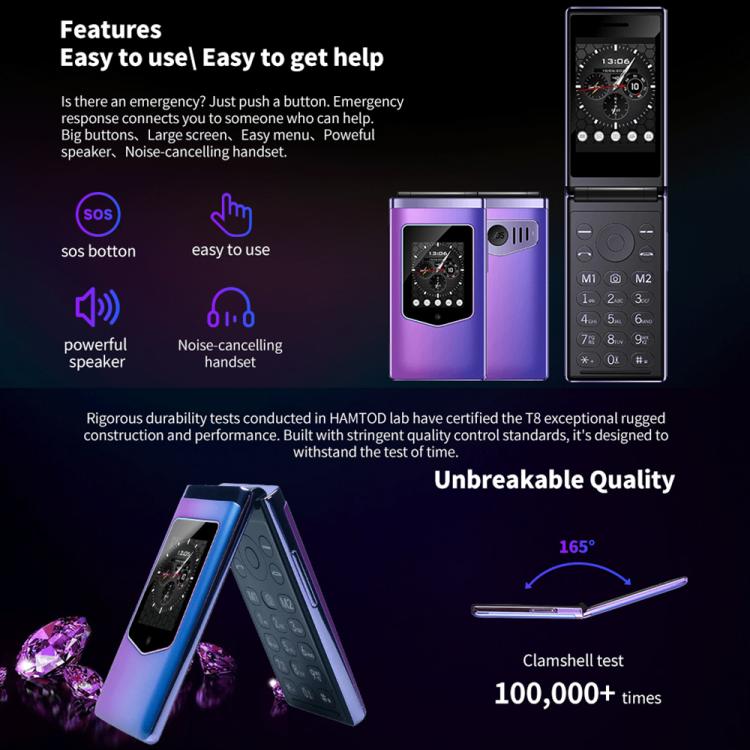 HAMTOD T8 4G Flip Phone, EU Version, 2.8 inch + 1.77 inch, VoLTE, BT, SOS, OTG(Black) - free shipping - PMC Jewellery - Order now!