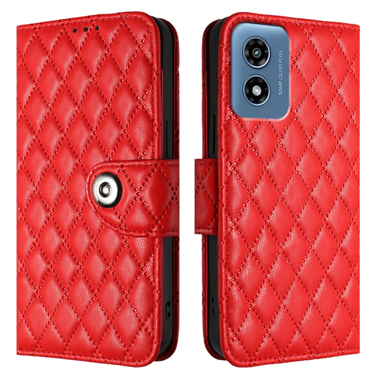 For Motorola Moto G Play 5G 2024 Rhombic Texture Flip Leather Phone Case with Lanyard(Red)