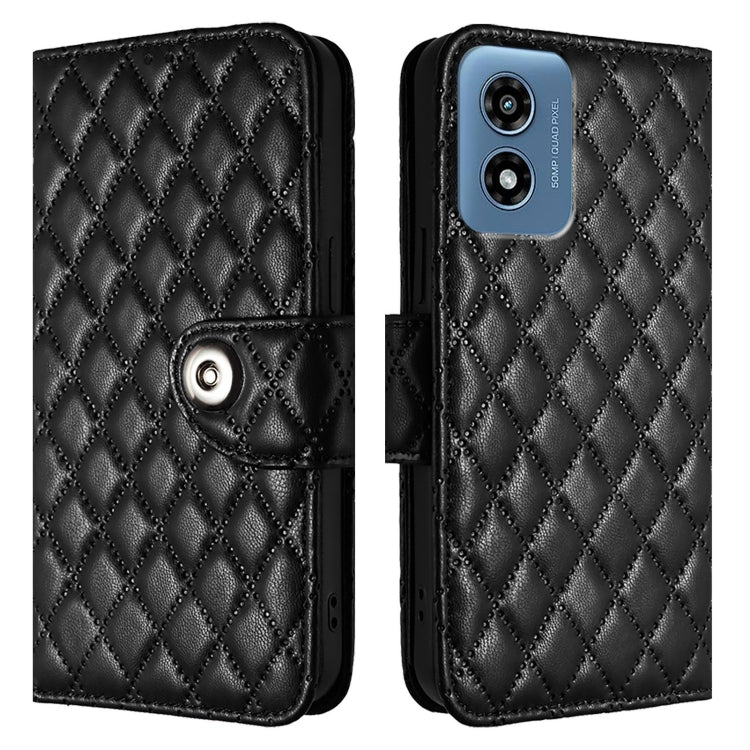 For Motorola Moto G Play 5G 2024 Rhombic Texture Flip Leather Phone Case with Lanyard(Black)