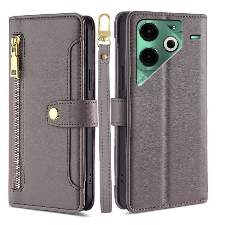 For Tecno Pova 6 Neo 4G Sheep Texture Cross-body Zipper Wallet Leather Phone Case(Grey)