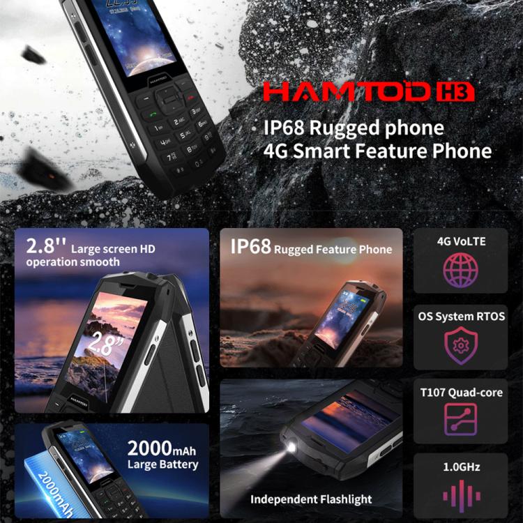 HAMTOD H3 Rugged Phone, EU Version, 2.8 inch T107 ARM CortexTM A7 Quad-core 1.0GHz, Network: 4G, VoLTE, BT, SOS(Black)