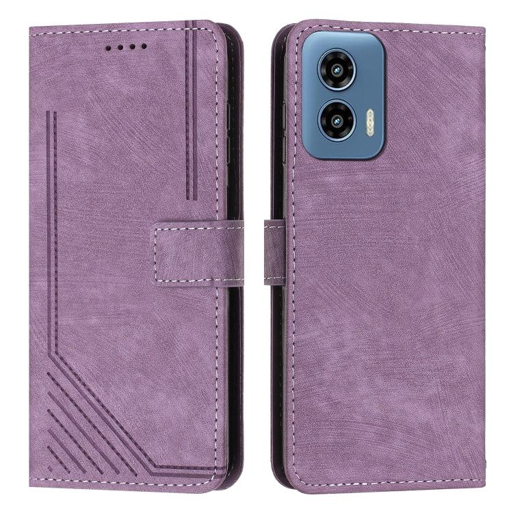 For Motorola Moto G Play 5G 2024 / G 5G 2024 Skin Feel Stripe Pattern Leather Phone Case with Long Lanyard(Purple)