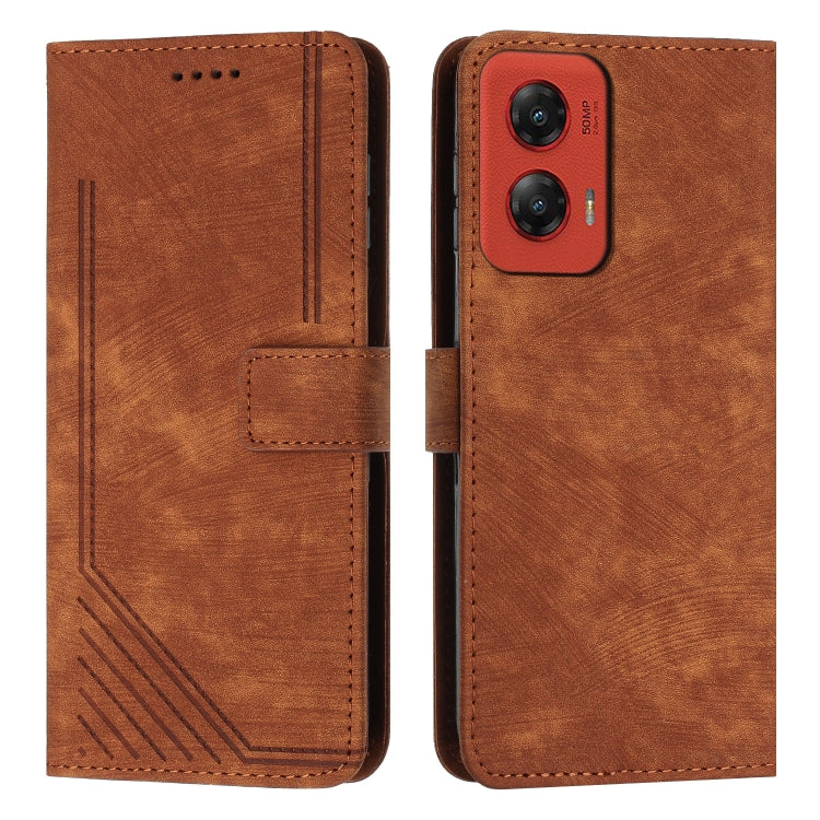 For Motorola Moto G Stylus 5G 2024 Skin Feel Stripe Pattern Leather Phone Case with Long Lanyard(Brown)