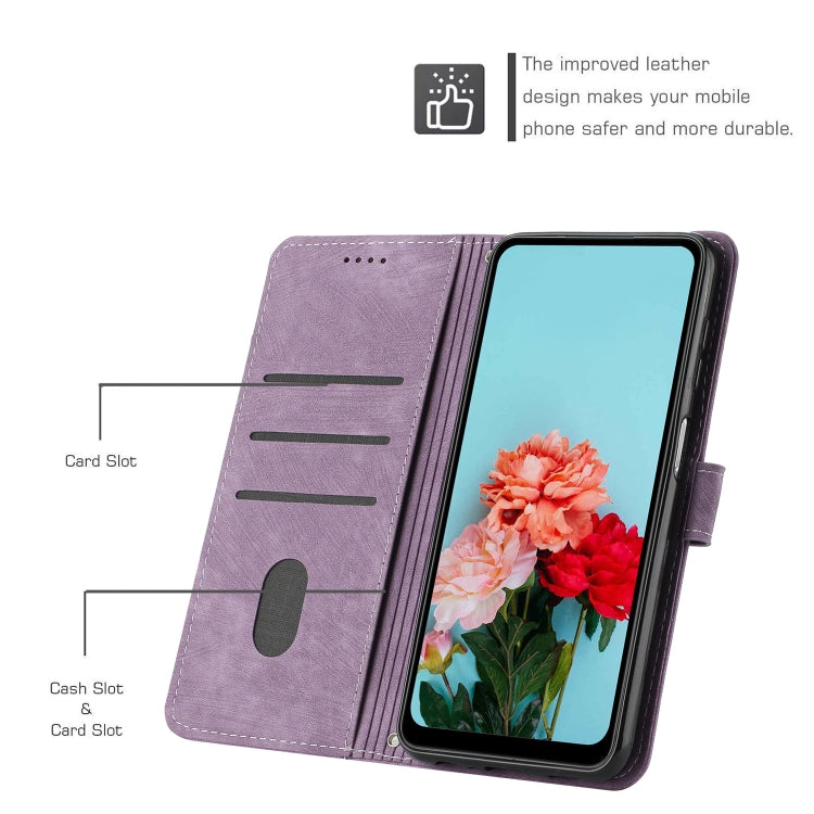 For Motorola Moto G Stylus 5G 2024 Skin Feel Stripe Pattern Leather Phone Case with Long Lanyard(Purple)