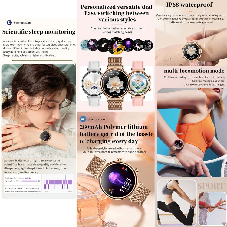 T86 Woman Health 1.27 inch Smart Watch, BT Call / Physiological Cycle / Heart Rate / Blood Pressure / Blood Glucose / SOS(Rose Gold Steel Band) - free shipping - PMC Jewellery - Order now!