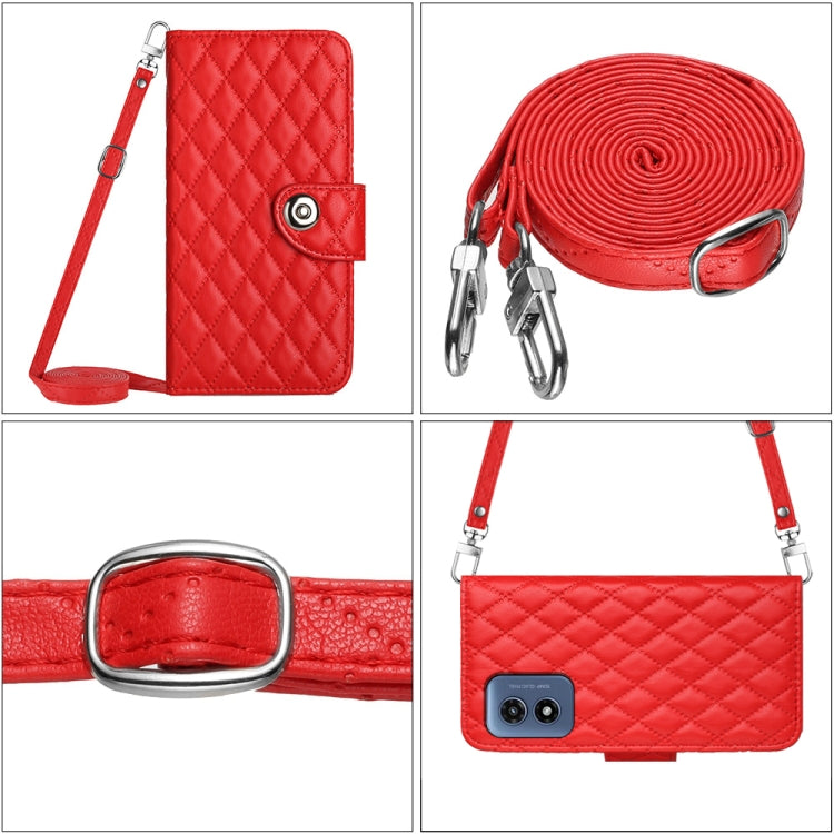 For Motorola Moto G Play 4G 2024 Rhombic Texture Flip Leather Phone Case with Long Lanyard(Red)
