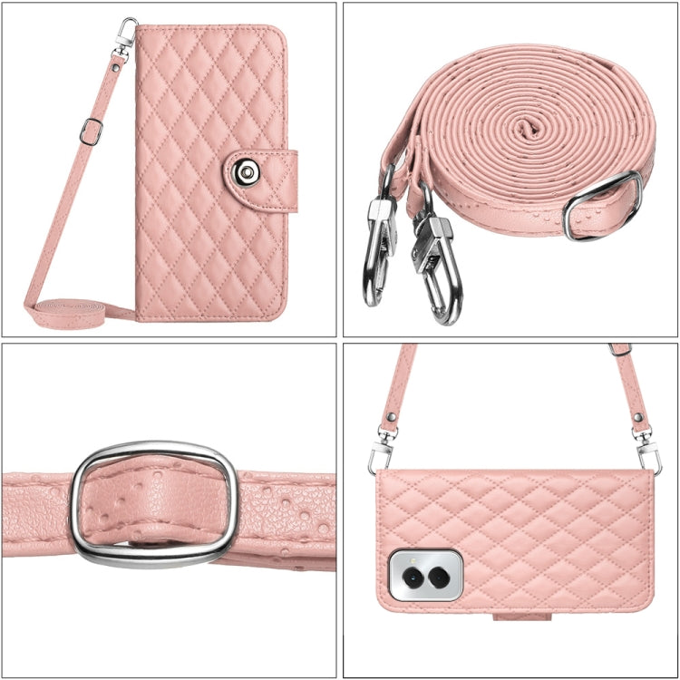 For Motorola Moto G Power 5G 2024 Rhombic Texture Flip Leather Phone Case with Long Lanyard(Coral Pink)