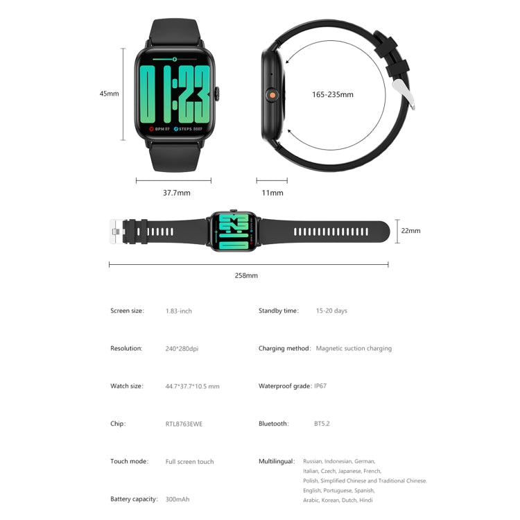 QS13 1.83 inch BT5.2 Smart Sport Watch, Support Bluetooth Call / Sleep / Blood Sugar / Blood Oxygen / Heart Rate / Blood Pressure Health Monitor(White)