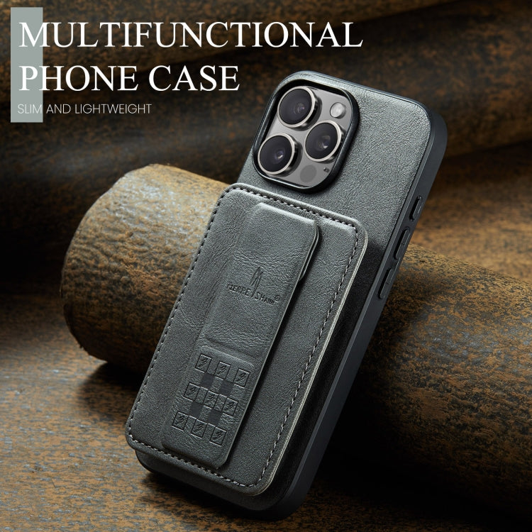 For iPhone 16 Pro Max Fierre Shann Oil Wax Cow Leather Card Holder Back Phone Case(Grey)