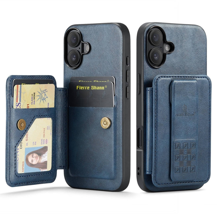 For iPhone 16 Fierre Shann Oil Wax Cow Leather Card Holder Back Phone Case(Blue)