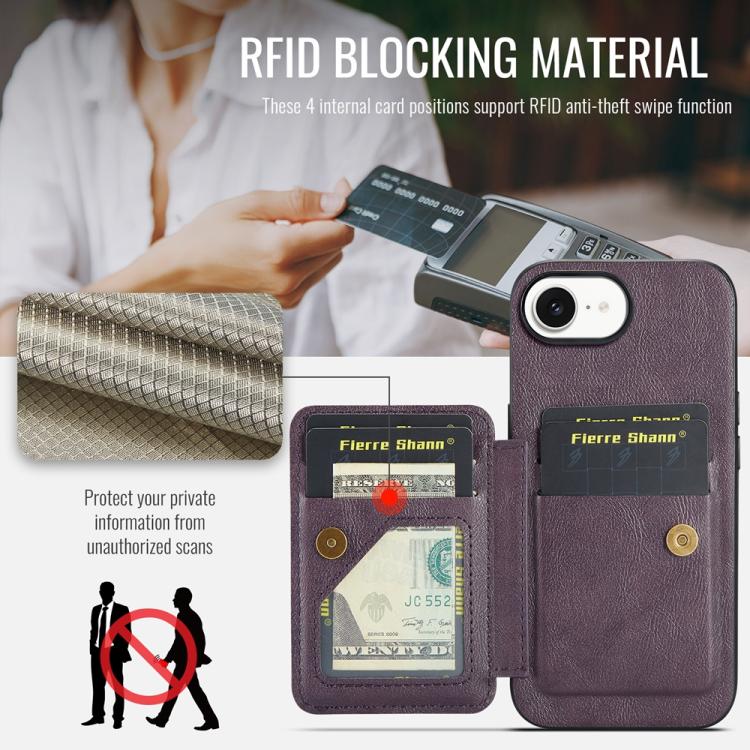 For iPhone 16e Fierre Shann Oil Wax Cow Leather Card Holder Back Phone Case(Purple)
