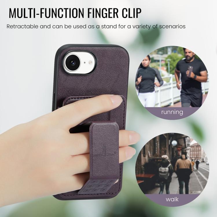 For iPhone 16e Fierre Shann Oil Wax Cow Leather Card Holder Back Phone Case(Purple)