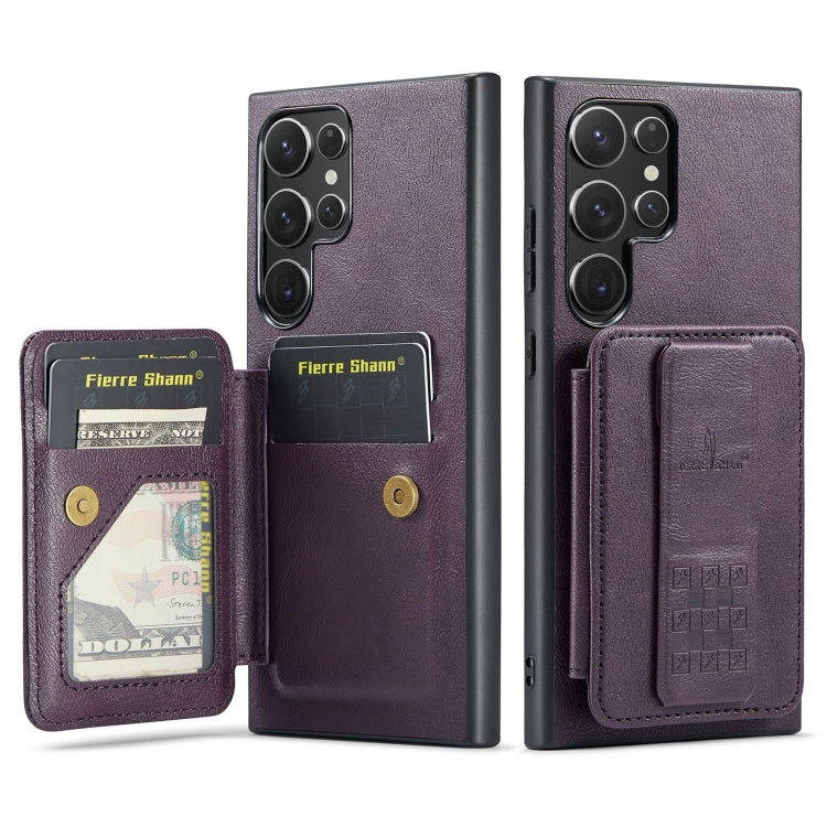 For Samsung Galaxy S24 Ultra 5G Fierre Shann Oil Wax Cow Leather Card Holder Back Phone Case(Purple)