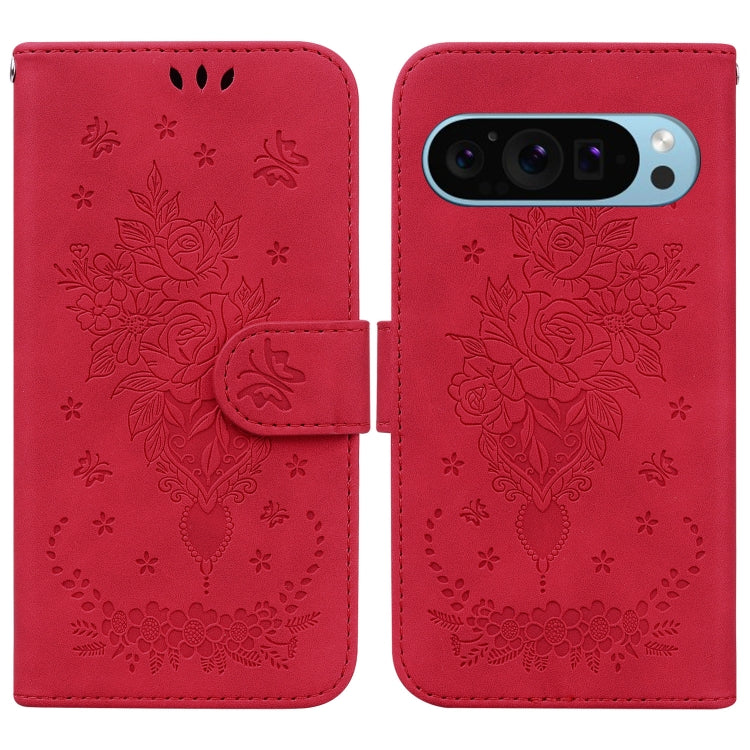 For Google Pixel 9 Pro Butterfly Rose Embossed Leather Phone Case(Red)