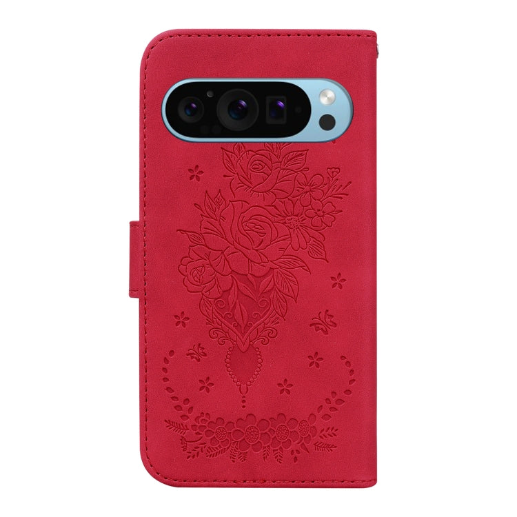For Google Pixel 9 Pro Butterfly Rose Embossed Leather Phone Case(Red)