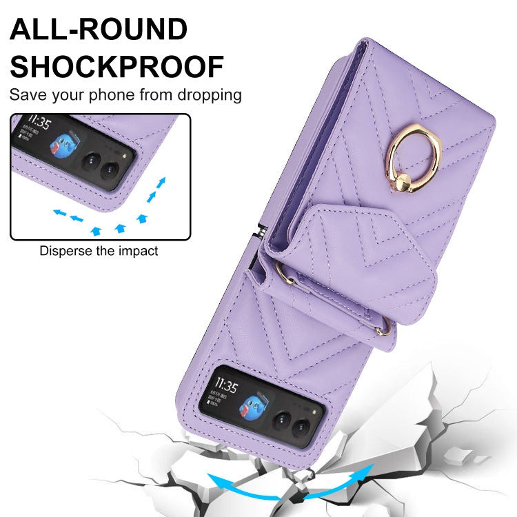 For Motorola Razr 40 V-shaped RFID Card Slot Phone Case with Ring Holder(Purple)