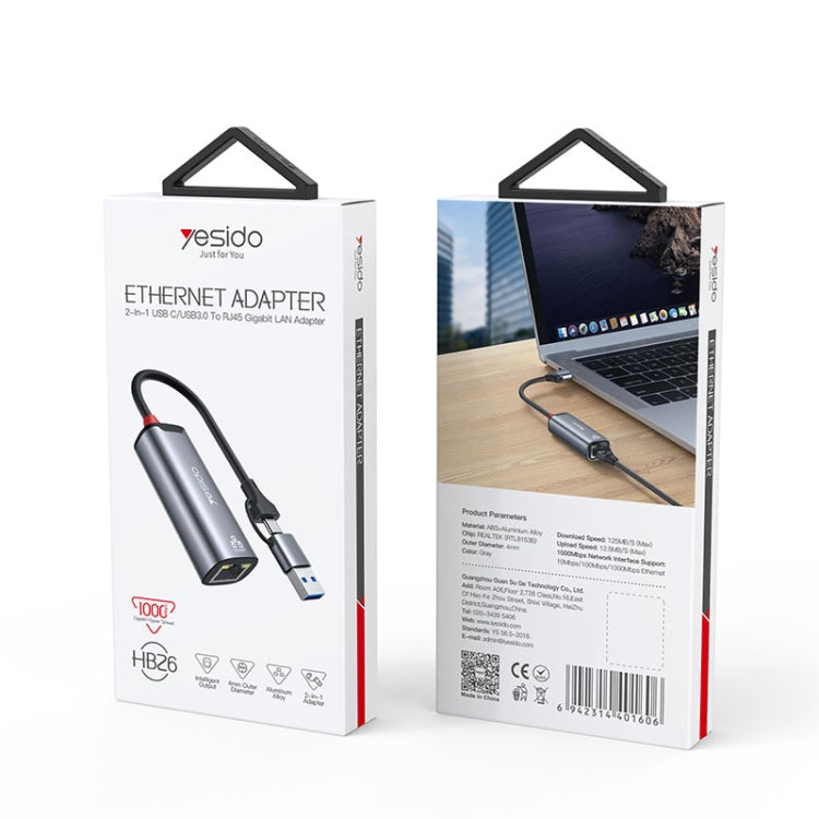 Yesido HB26 2 in 1 USB+USB-C/Type-C to Ethernet Adapter(Grey) - free shipping - PMC Jewellery - Order now!