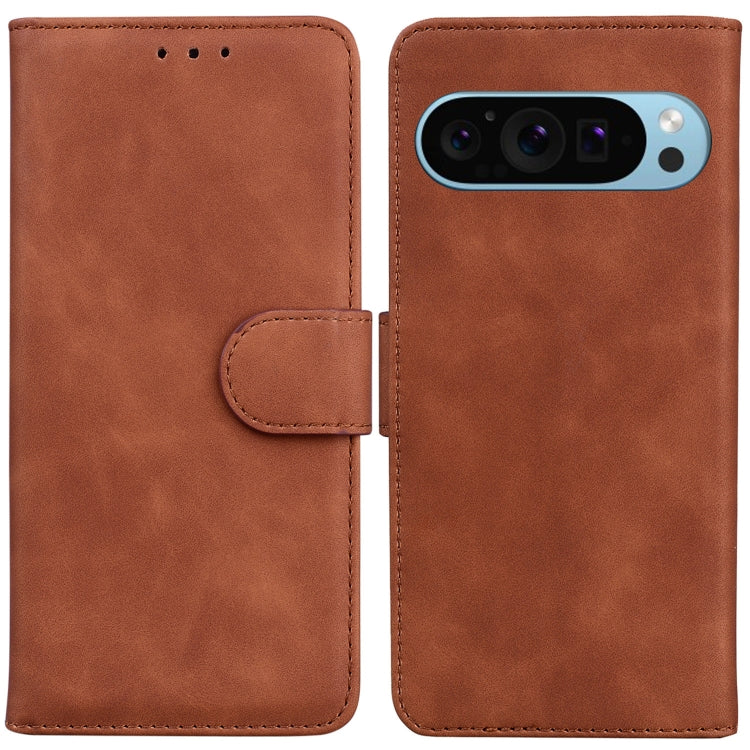 For Google Pixel 9 Pro Skin Feel Pure Color Flip Leather Phone Case(Brown)