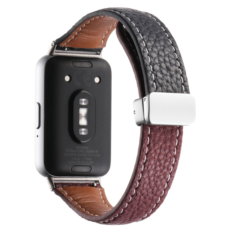 For Samsung Galaxy Fit 3 Litchi Texture Magnetic Buckle Slim Leather Watch Band(Black+Rose Gold)