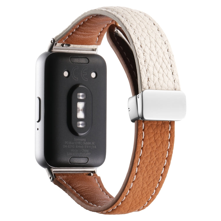 For Samsung Galaxy Fit 3 Litchi Texture Magnetic Buckle Slim Leather Watch Band(Milk White+Yellow Brown)