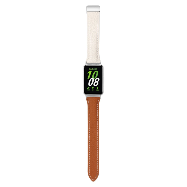 For Samsung Galaxy Fit 3 Litchi Texture Magnetic Buckle Slim Leather Watch Band(Milk White+Yellow Brown)