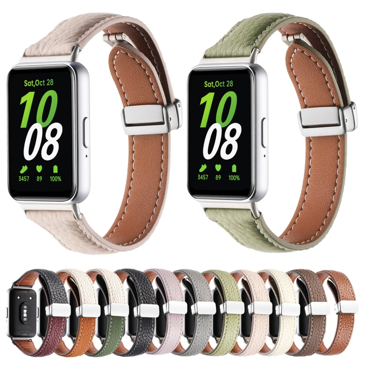For Samsung Galaxy Fit 3 Litchi Texture Magnetic Buckle Slim Leather Watch Band(Milk White+Yellow Brown)