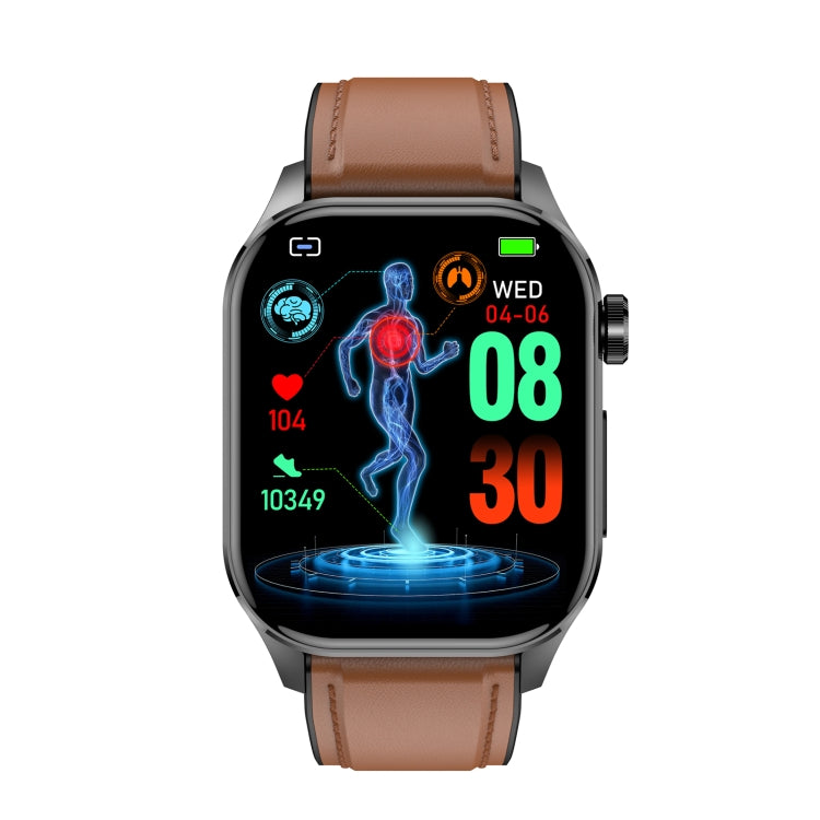 ET580 2.04 inch AMOLED Screen Sports Smart Watch Support Bluetooth Call / ECG Function(Brown Leather Band)