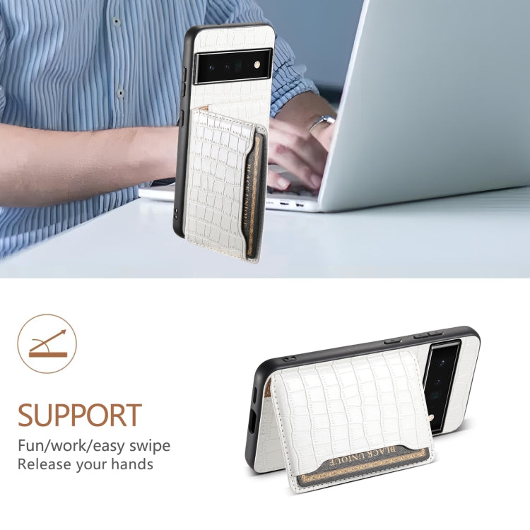 For Google Pixel 6 Pro Crocodile Texture Card Bag Design Full Coverage Phone Case(White) - Google Cases by PMC TechLife | Online Shopping South Africa | PMC TechLife | Buy Now Pay Later Mobicred
