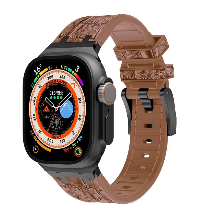For Apple Watch Ultra 49mm Crocodile Texture Liquid Silicone Watch Band(Black Yellow Brown)