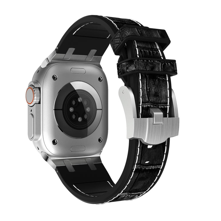 For Apple Watch Series 4 44mm Crocodile Texture Liquid Silicone Watch Band(Silver White Black)