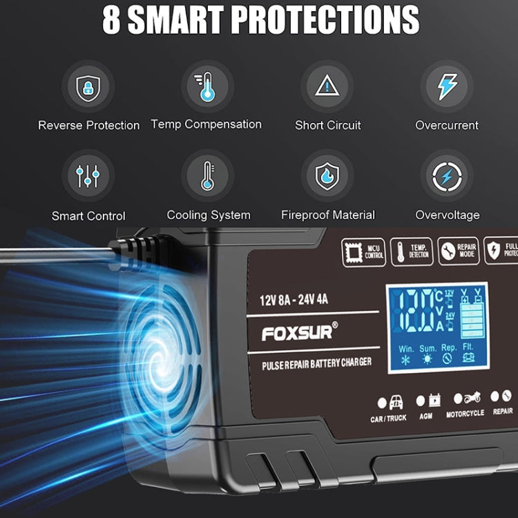FOXSUR 8A 12V 24V Car / Motorcycle Smart Battery Charger, Plug Type:US Plug(Black)
